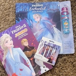 Children's Lot Of "Frozen II" Book, Coloring Book And Crayons
